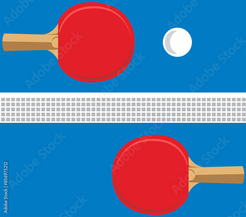 Vector illustration, flat design of ping pong rackets and ball with an abstract ping pong table in the background