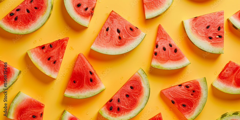 Watermelon slices pattern on yellow background, top view Watermelon slices pattern on yellow background, top view