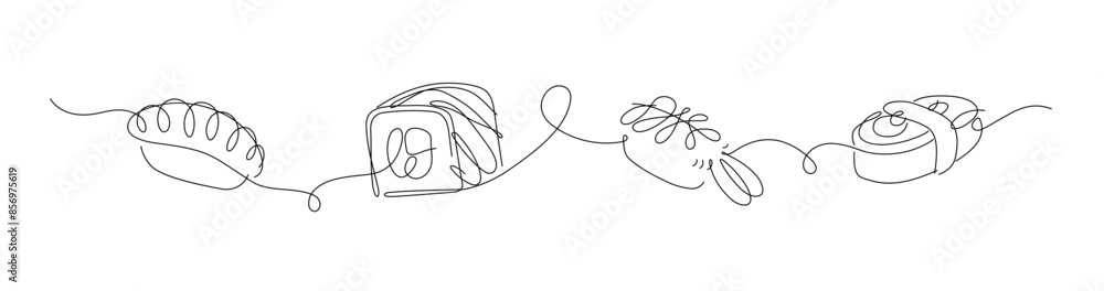 Sushi and roll panorama set drawing in linear style on white background.