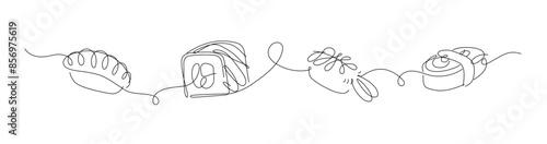 Sushi and roll panorama set drawing in linear style on white background.