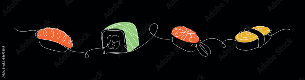 Sushi and roll panorama set drawing in linear style on black background.