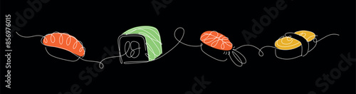 Sushi and roll panorama set drawing in linear style on black background.