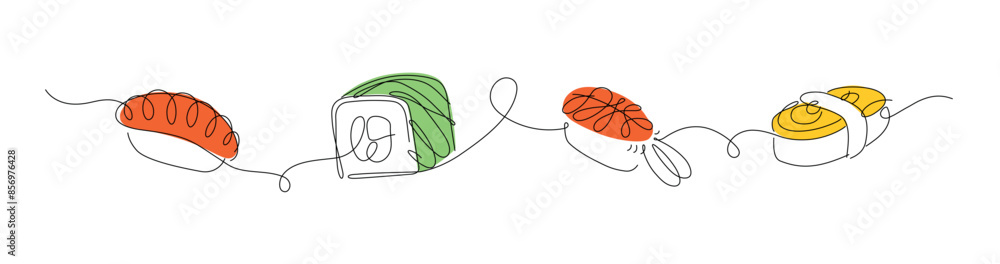 Sushi and roll panorama set drawing in linear style with color on white background.