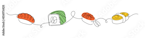 Obraz na płótnie Sushi and roll panorama set drawing in linear style with color on white background. w salonie