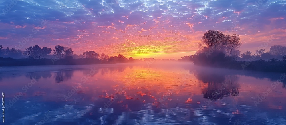 Fototapeta premium Stunning Sunrise Over Tranquil Lake with Vibrant Colors and Reflective Water Surface