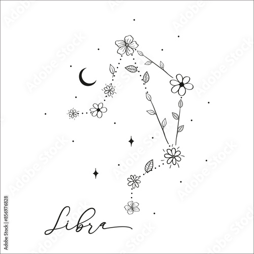 Libra constellation with Hand drawn doodle flowers, leaves, florals and stars. Vector art, graphic illustration clipart