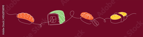 Obraz na płótnie Sushi and roll panorama set drawing in linear style with color on red background. w salonie