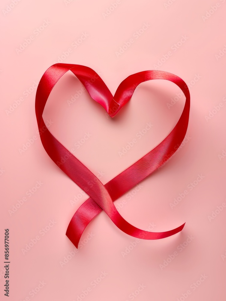 Red Heart shaped ribbon on pink background. Happy Valentine's Day or Mother's Day concept Red Heart shaped ribbon on pink background. Happy Valentine's Day or Mother's Day concept