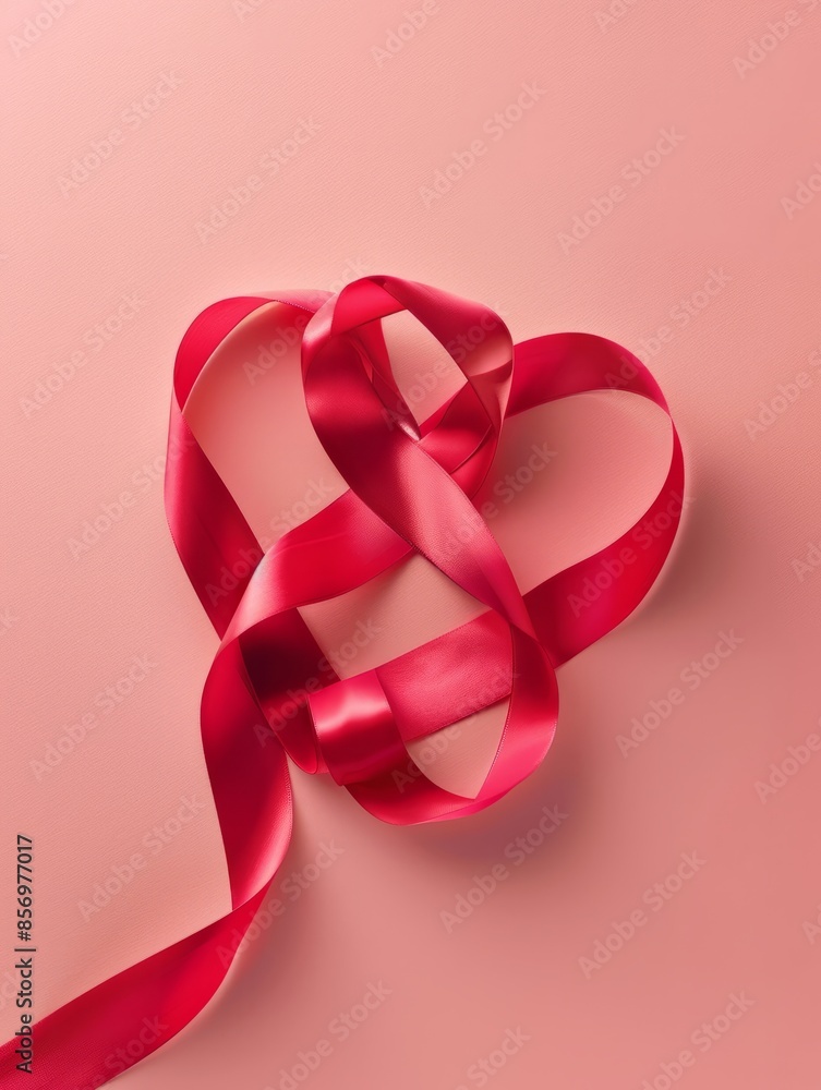 Red Heart shaped ribbon on pink background. Happy Valentine's Day or Mother's Day concept Red Heart shaped ribbon on pink background. Happy Valentine's Day or Mother's Day concept