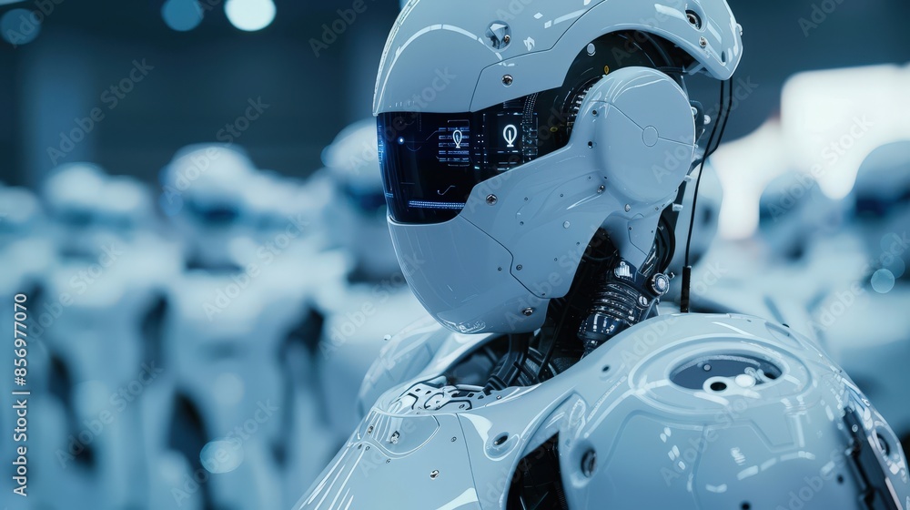 Futuristic White Robot with Advanced Technology in a High-Tech Environment Futuristic White Robot with Advanced Technology in a High-Tech Environment