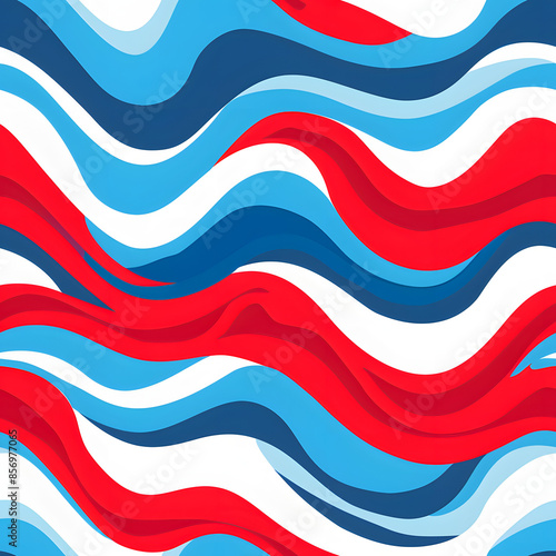 Abstract wavy pattern with vibrant red, blue, and white colors. Dynamic and modern design perfect for backgrounds and textiles.
