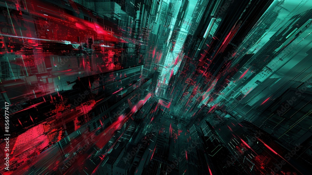 Fototapeta premium Abstract digital matrix with dynamic red and teal lines and shapes, creating a sense of depth and movement in a futuristic, high-tech design. 
