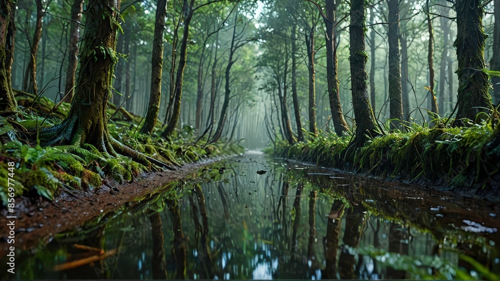 Misty Forest Path with Reflections. Misty Forest Path with Reflections.
