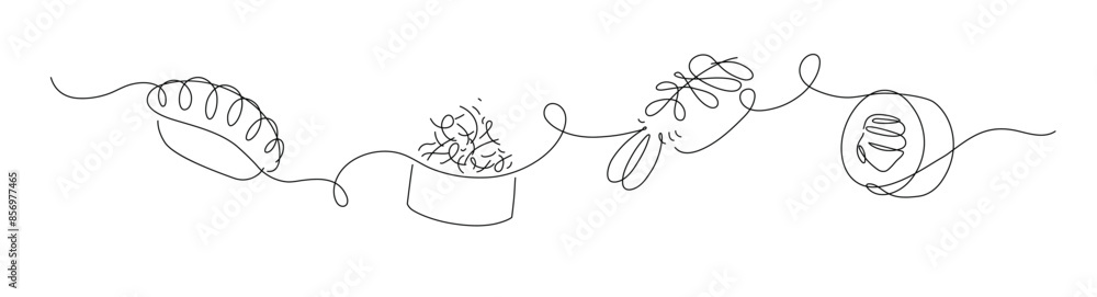 Roll and sushi panorama set drawing in linear style on white background.