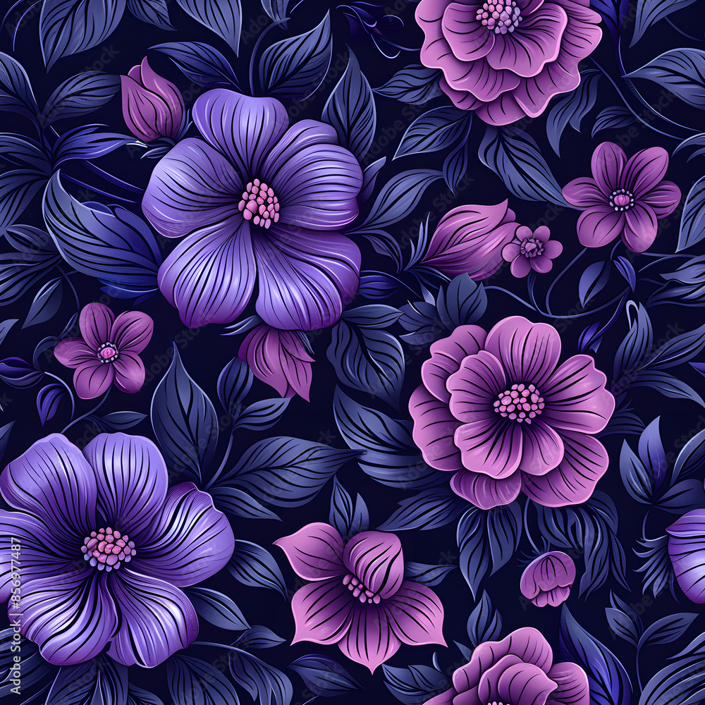 Elegant seamless floral pattern with purple and pink flowers on a dark background, ideal for textile and wallpaper design. Elegant seamless floral pattern with purple and pink flowers on a dark background, ideal for textile and wallpaper design.