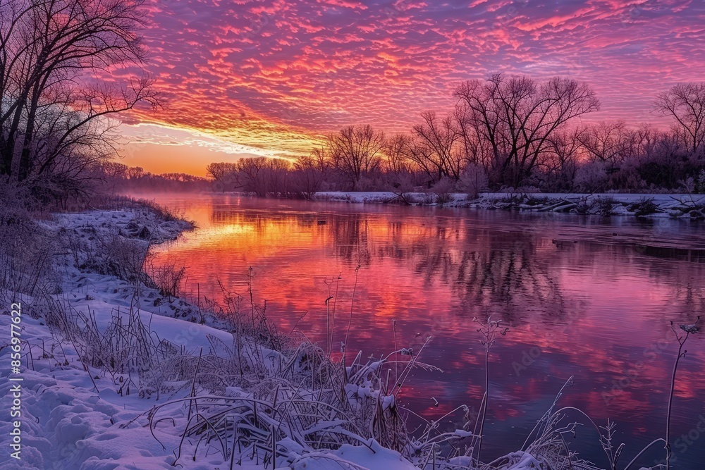 Fototapeta premium Stunning Winter Sunset Over Snow-Covered River with Vibrant Sky and Reflections