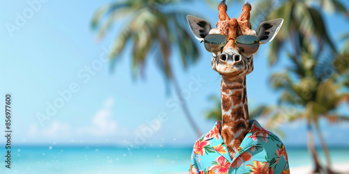 A giraffe wearing sunglasses and a Hawaiian shirt posing for the camera on an exotic beach with palm trees photo