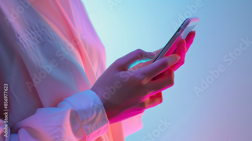 Woman's hand operating smartphone, woman operating smartphone in natural light, generative AI	