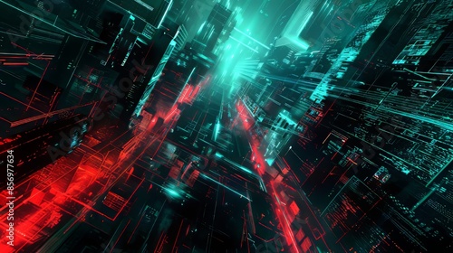 Abstract digital matrix with dynamic red and teal lines and shapes, creating a sense of depth and movement in a futuristic, high-tech design. 
