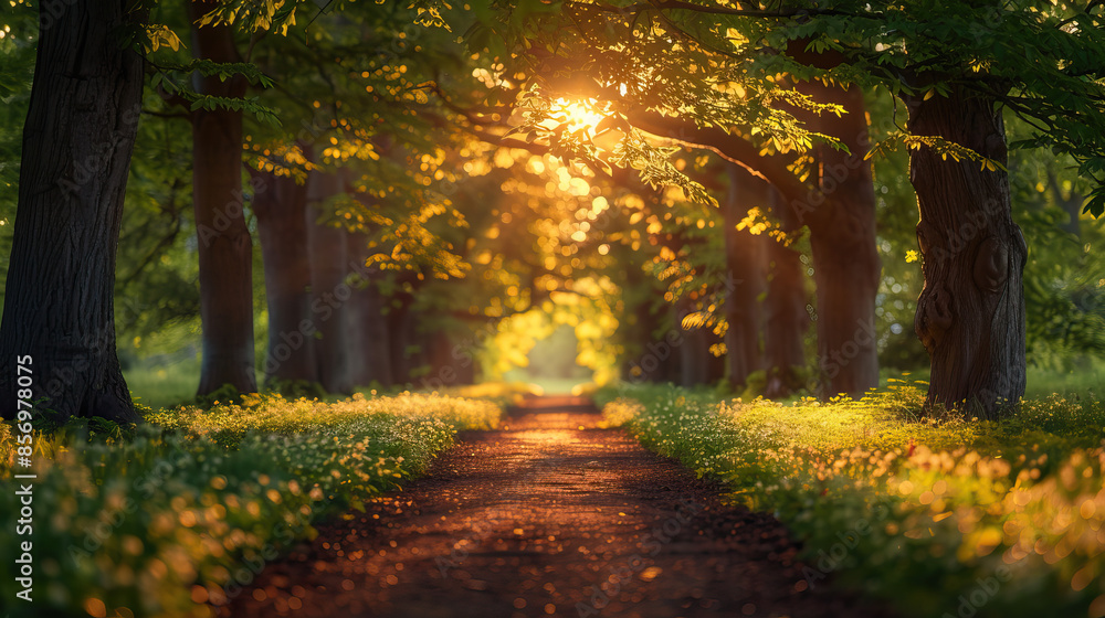 Path through a forest with sunlight streaming through the trees creating a golden glow Path through a forest with sunlight streaming through the trees creating a golden glow