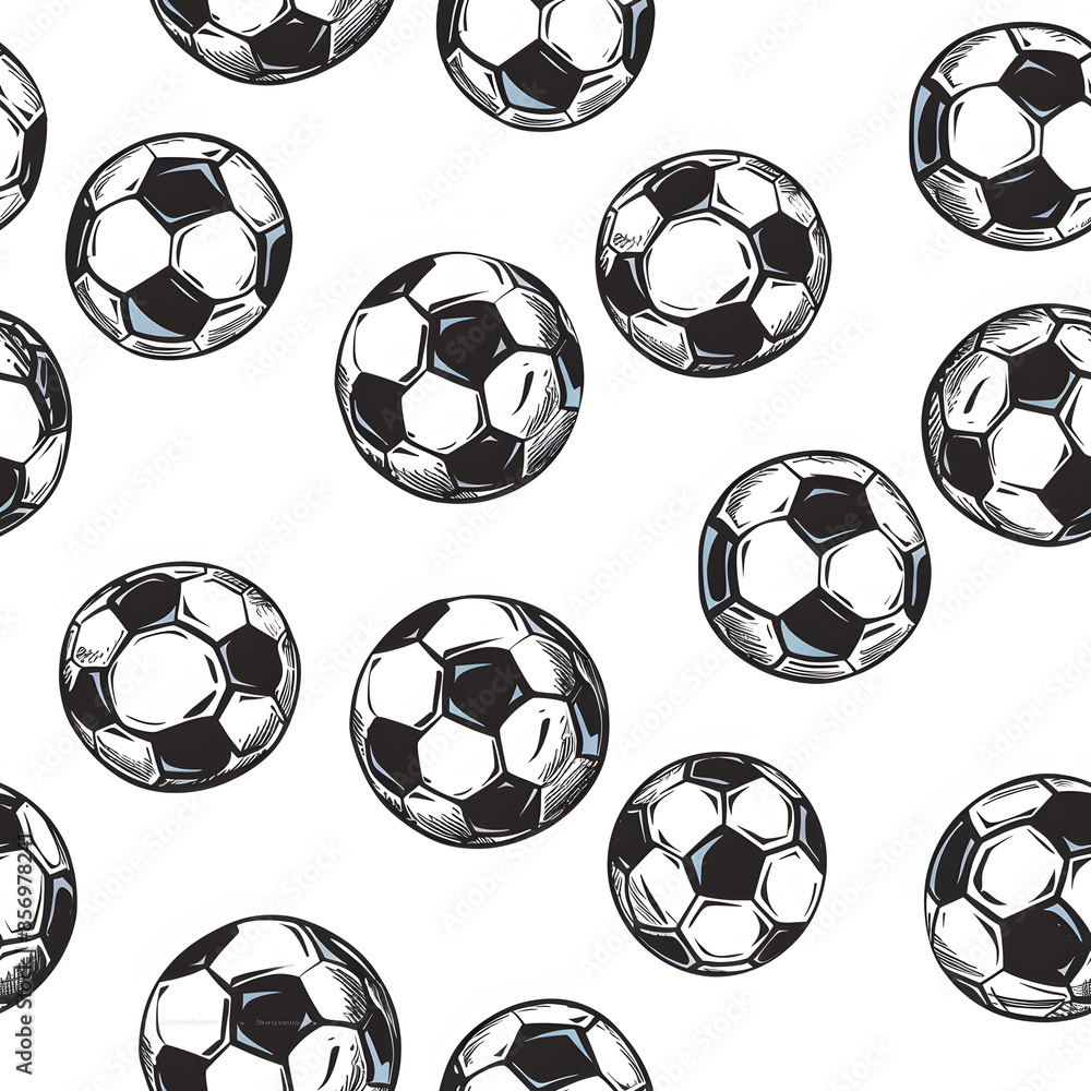 Seamless pattern with classic black and white soccer balls on a white background, perfect for sports-themed designs and projects. Seamless pattern with classic black and white soccer balls on a white background, perfect for sports-themed designs and projects.