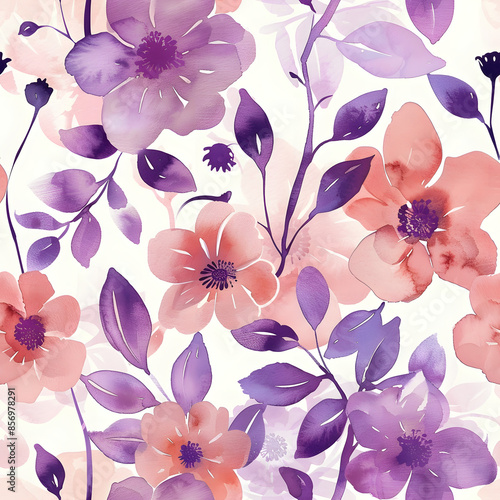 Seamless pattern with hand-painted watercolor flowers in soft pink and purple hues, perfect for fabric or background design. photo