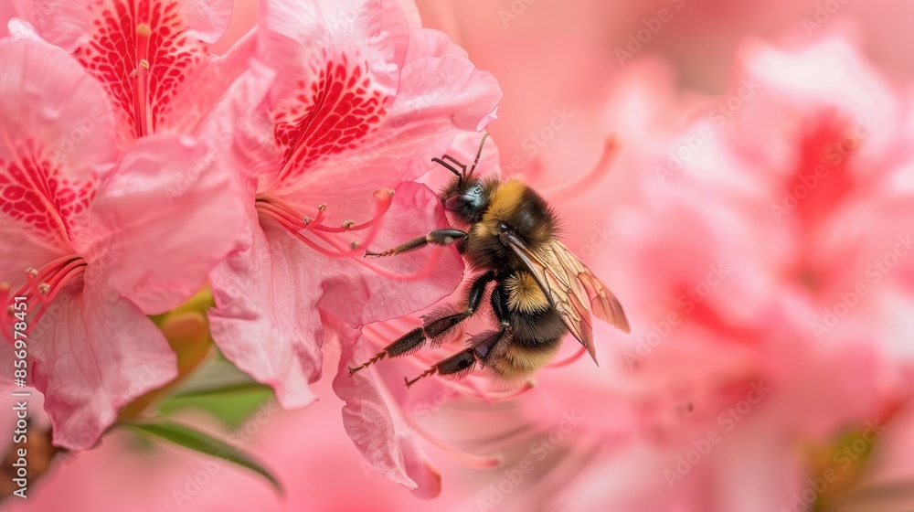 close-up of a bee approaching a pink azalea flower close-up of a bee approaching a pink azalea flower