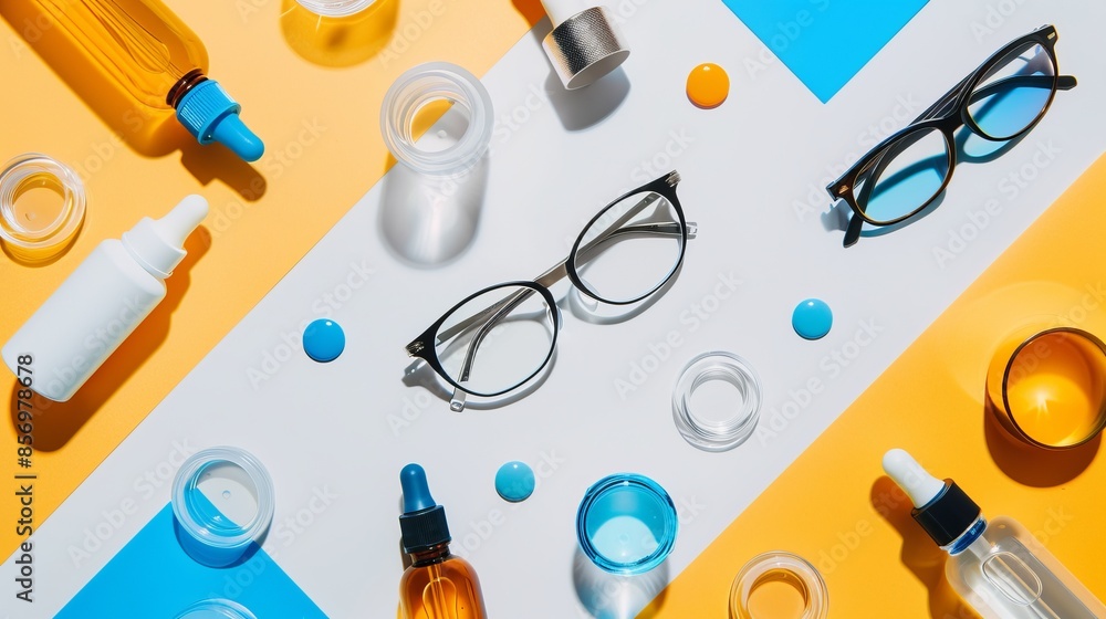 Flat lay of eyewear and eye care products on a colorful background. The image shows glasses, lenses, and various drops. Ideal for medical, vision, and healthcare themes. Bright and modern style. AI Flat lay of eyewear and eye care products on a colorful background. The image shows glasses, lenses, and various drops. Ideal for medical, vision, and healthcare themes. Bright and modern style. AI