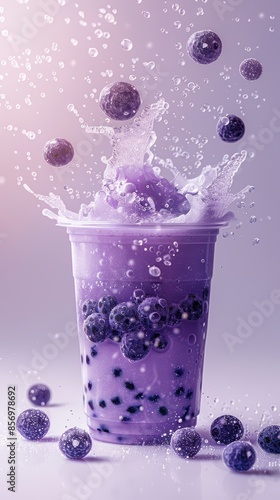 Realistic levitation photography of taro bubble tea in a clear glass, floating in a white studio environment, vibrant purple color, detailed tapioca pearls, high resolution 8K