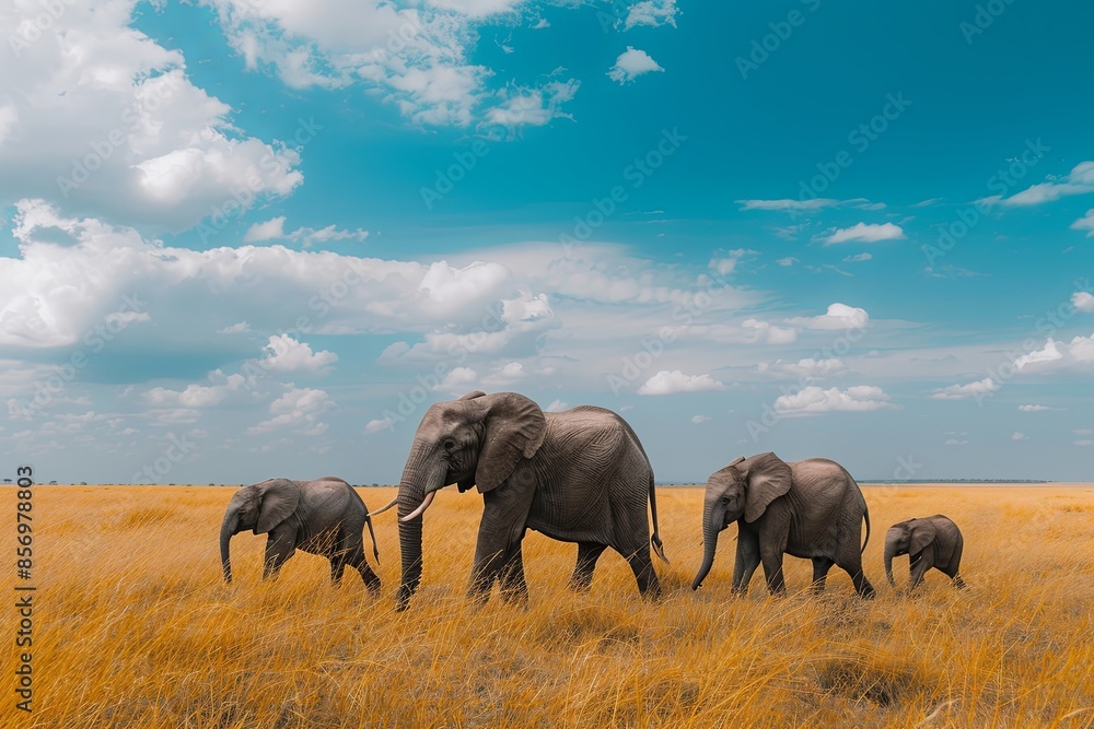 Fototapeta premium A family of African elephants walks through tall grass under a clear blue sky. Generative AI