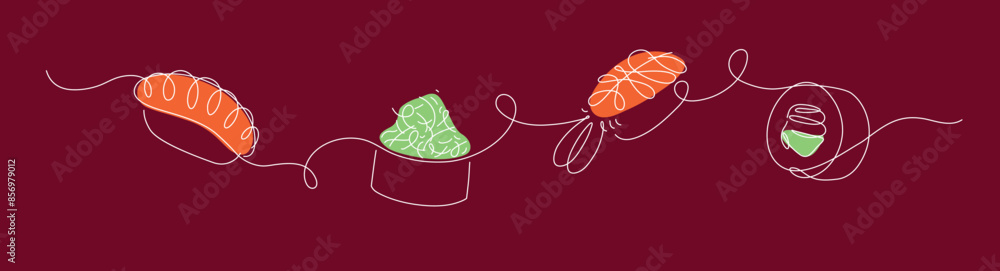 Roll and sushi panorama set drawing in linear style with color on red background.