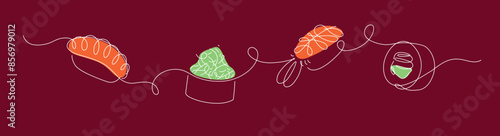 Obraz na płótnie Roll and sushi panorama set drawing in linear style with color on red background. w salonie