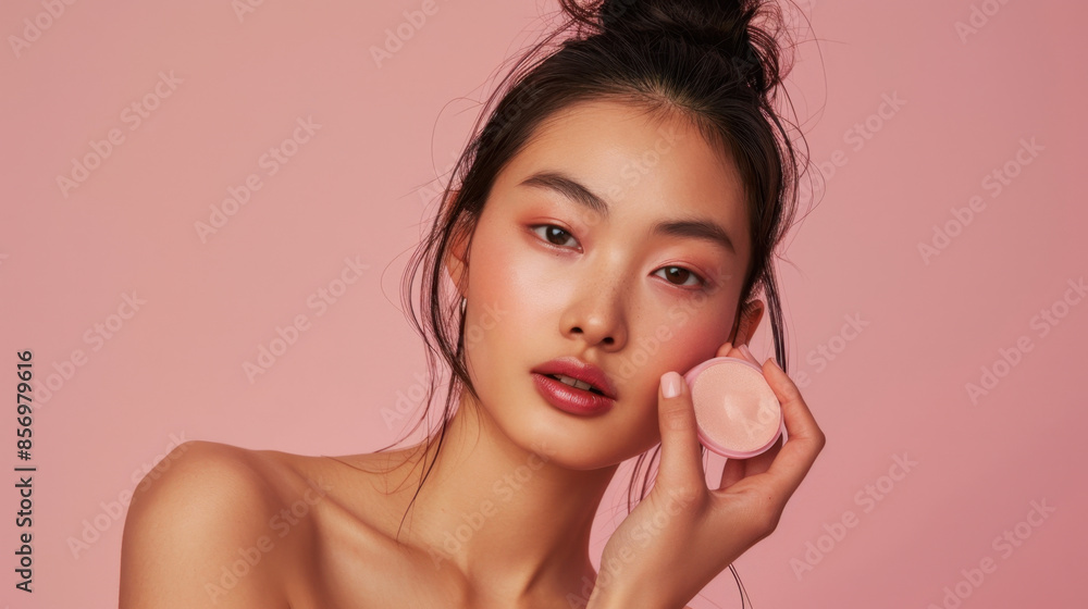 Young woman with natural makeup holding a blush container against pink background Young woman with natural makeup holding a blush container against pink background