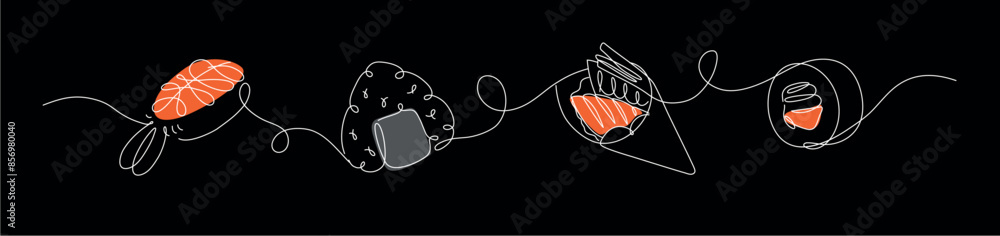 Asian food sushi and roll nigiri, onigiri, temaki, maki panorama set drawing in linear style on black background.
