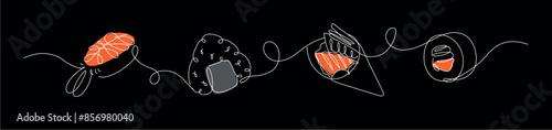Obraz na płótnie Asian food sushi and roll nigiri, onigiri, temaki, maki panorama set drawing in linear style on black background. w salonie