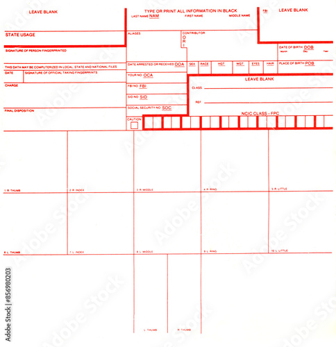 Blank fingerprint card form, for fingerprint registration of those accused of a crime