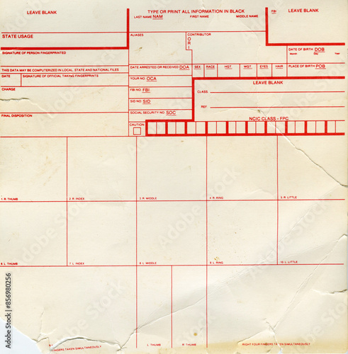 old crumpled blank fingerprint card form, for fingerprint registration of those accused of a crime