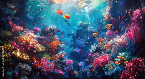 Vibrant Underwater Paradise: Colorful Coral Reef and Fish © saka