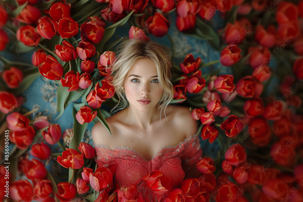 Close-up portrait of a pretty girl in tulips. Close-up portrait of a pretty girl in tulips.