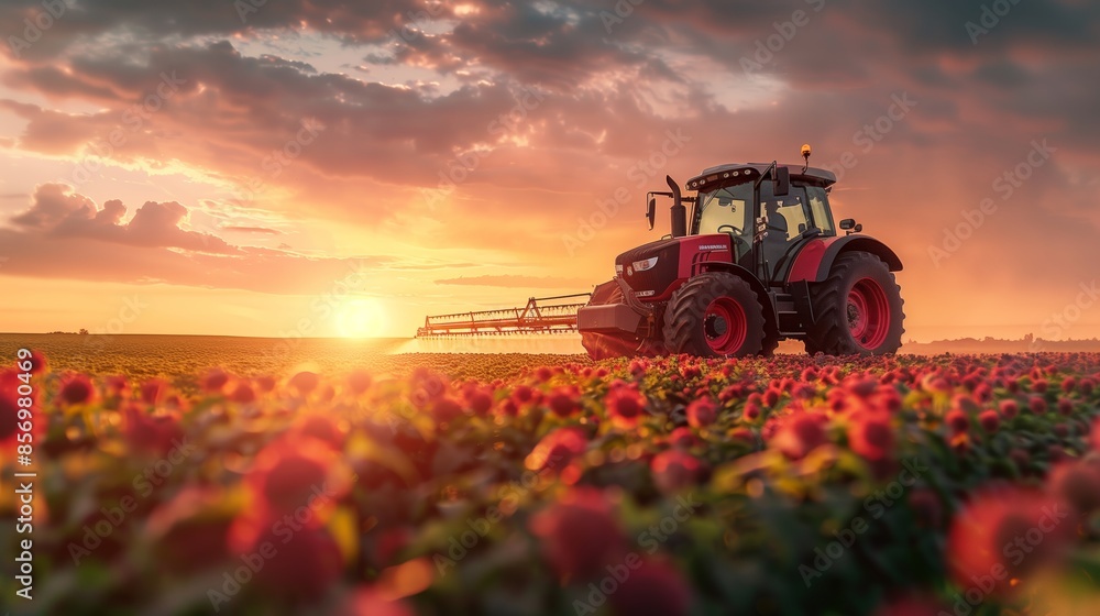 Red Tractor Spraying Crops During Sunset Red Tractor Spraying Crops During Sunset