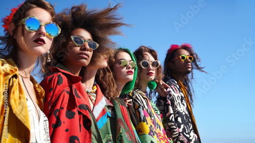 Group of friends experimenting with wild fashion styles, mixing patterns and color