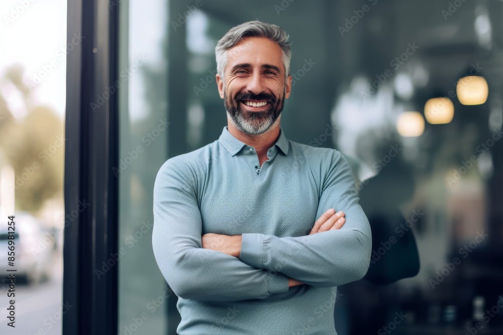 happy man standing with arms crossed in front of glass wall happy man standing with arms crossed in front of glass wall