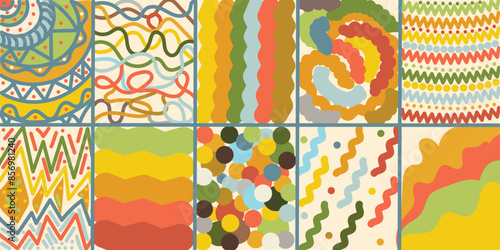 Abstract patchwork quilt geometric seamless summer blue, yellow, white, orange, green pattern-background. Hand drawn multicolored vector illustration for cards, business, banners, wallpaper, textile