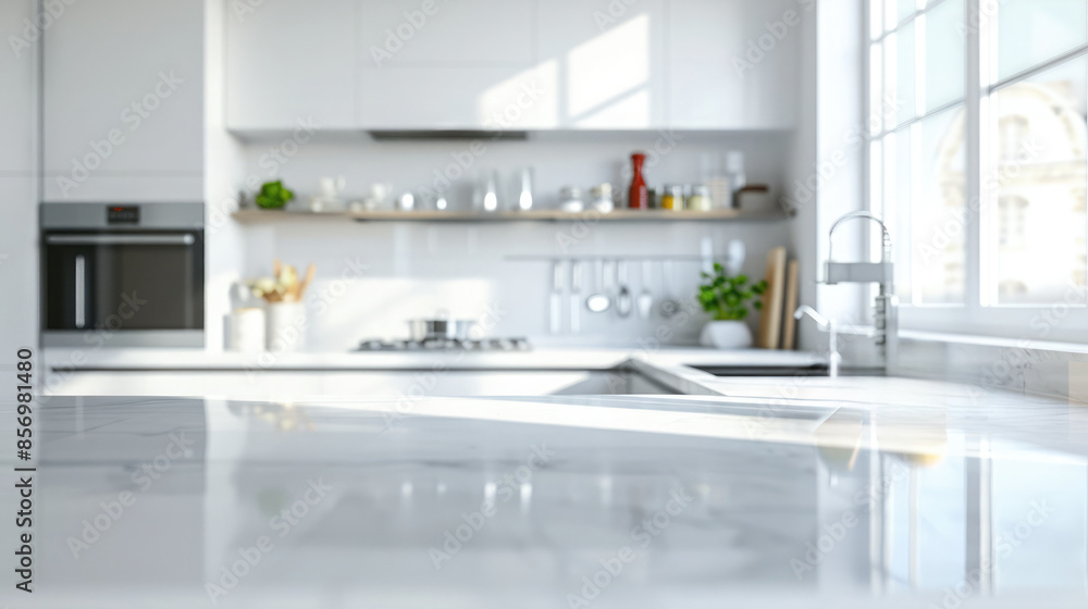 Fototapeta premium Immaculately cleaned kitchen with gleaming countertops and spotless appliances for a pristine look. Cleaning company. Copyspace