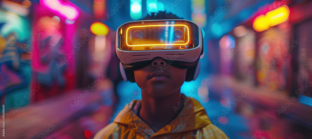 Kid in Virtual Reality World with Neon Lights Kid in Virtual Reality World with Neon Lights