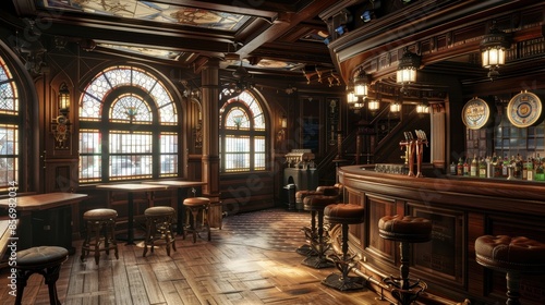 Sophisticated pub interior featuring a wooden bar, plush leather stools, and stained glass windows, ideal for a warm and welcoming atmosphere
