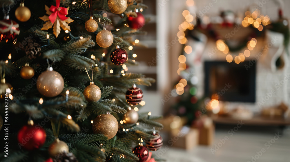 Festive Christmas tree with gold and red ornaments and warm glowing lights in cozy living room setting Festive Christmas tree with gold and red ornaments and warm glowing lights in cozy living room setting
