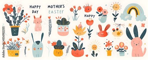 Happy Mother's Day" cute patterns white background, vector graphics in the flat design style, colorful illustrations easter eggs