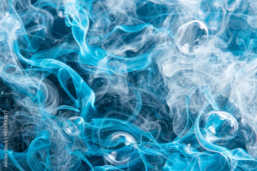 Obraz premium Abstract blue smoke swirls with delicate bubbles background