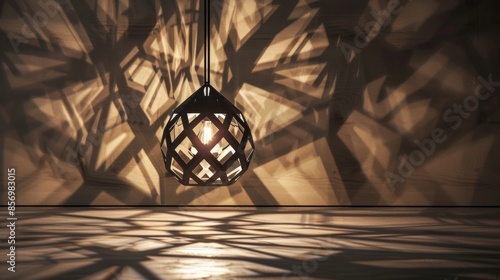 A statement pendant lamp with a geometric shade casting intricate shadows on the walls. © Justlight